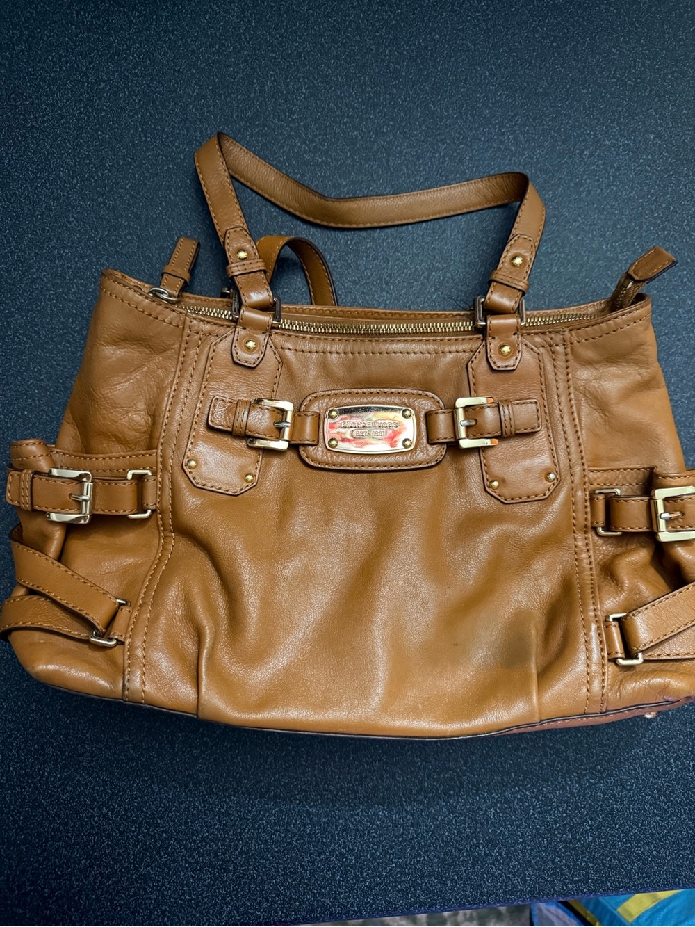 Classic Tan Leather Tote Bag with Gold Hardware